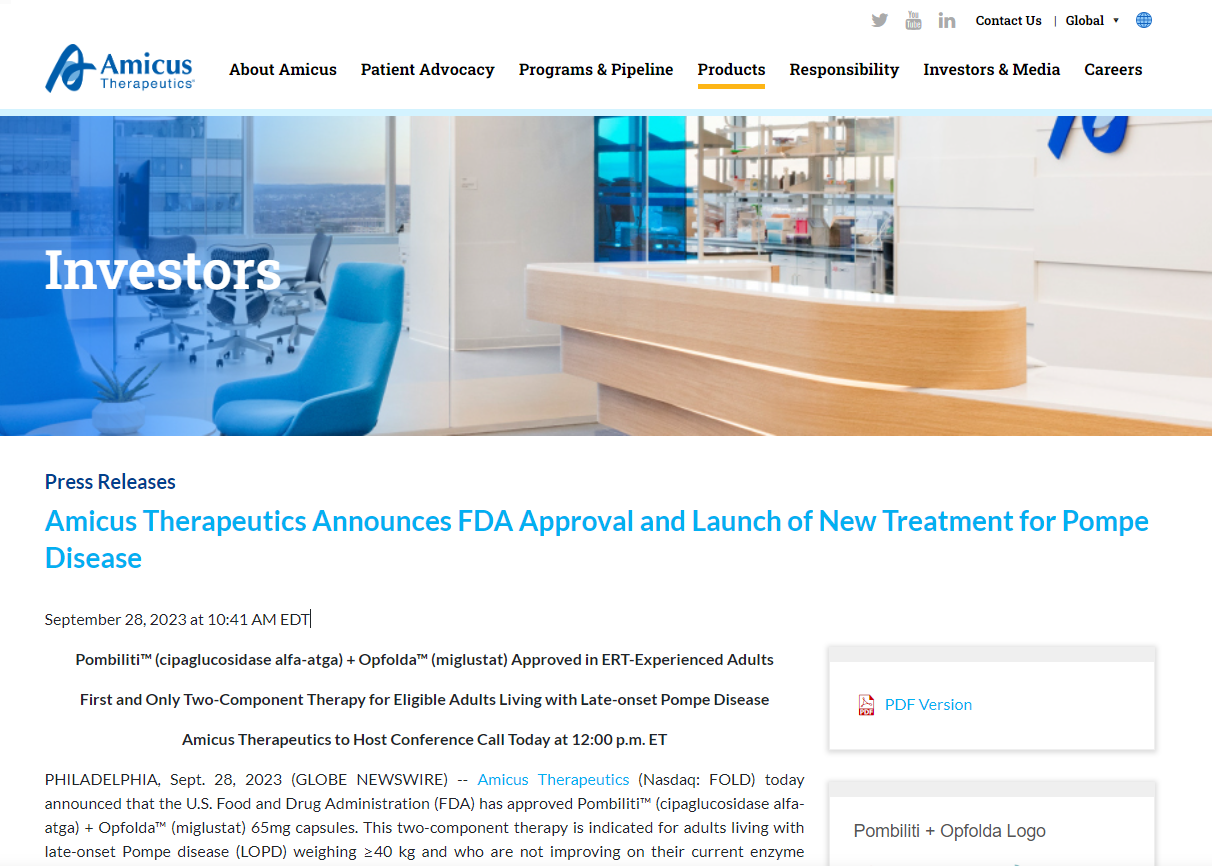 Amicus Therapeutics Announces FDA Approval and Launch of New Treatment for Pompe Disease