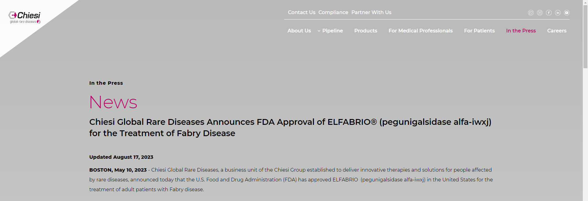Chiesi Global Rare Diseases Announces FDA Approval of ELFABRIO® for the Treatment of Fabry Disease