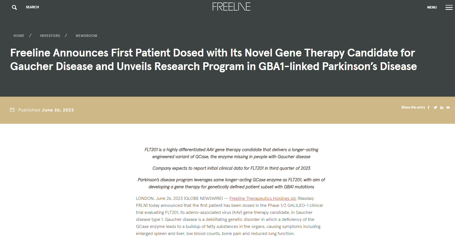 First patient dosed in the GALILEO-1 study for Gaucher Disease